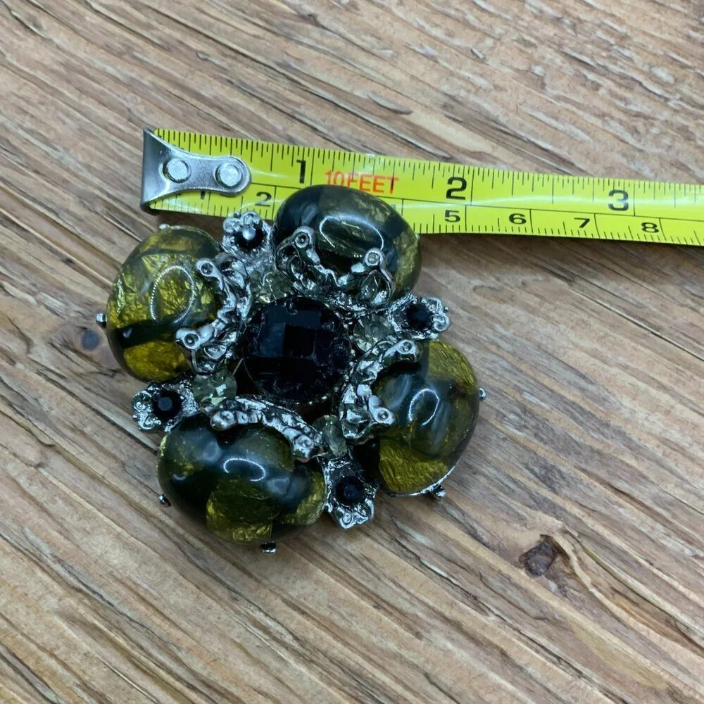 Dark Green Lucite Cabochons Vintage Silver Tone Black Rhinestone Center Brooch